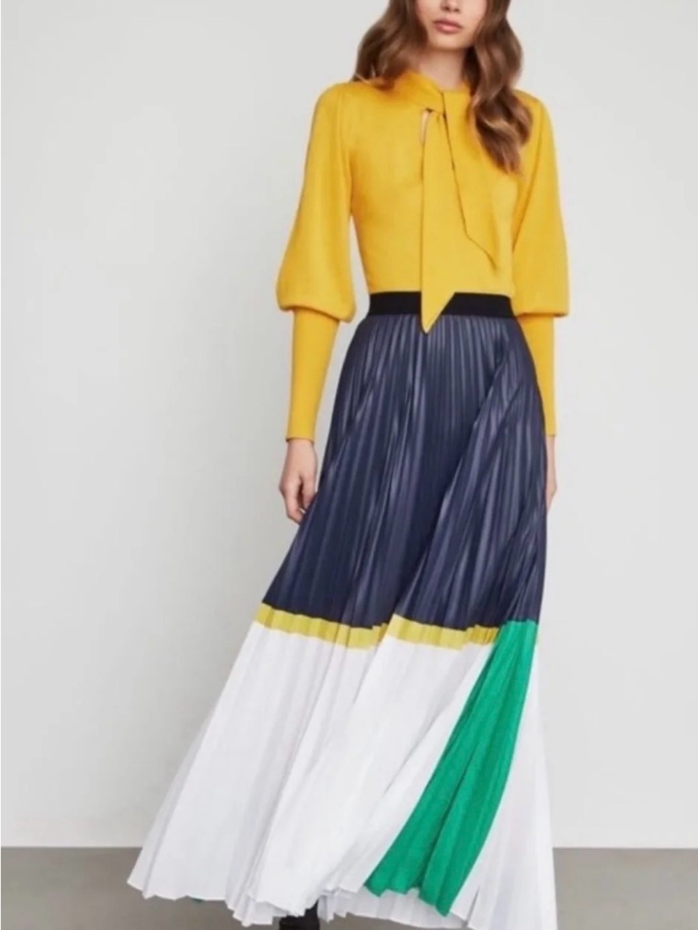 BCBGMaxAzria Navy, White & Green Pleated Colorblock Maxi Skirt with Yellow Trim